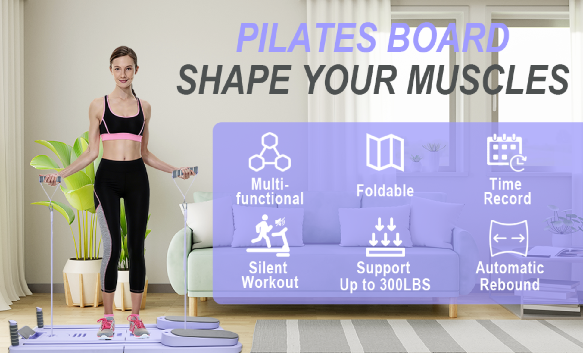 Woman using a Pilates board with product features displayed on screen