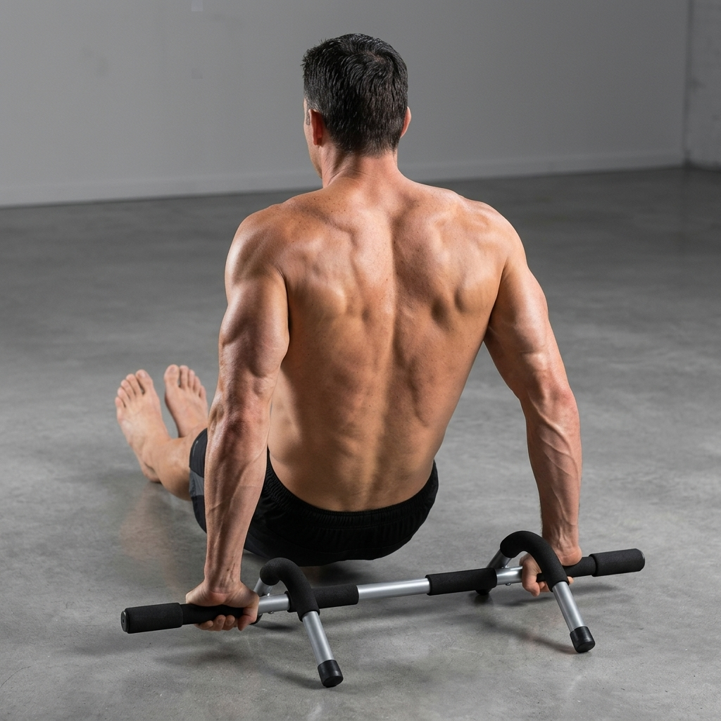 A shirtless man with a muscular back sits on a floor exercise door frame, viewed from behind. The black and silver door frame is positioned on a gray concrete floor in a minimalist studio setting.