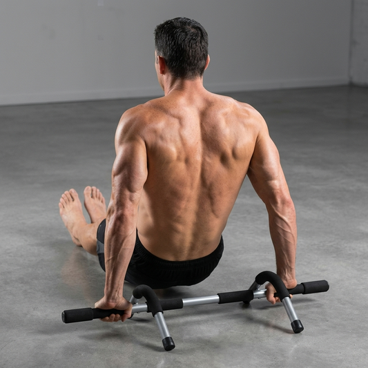 A shirtless man with a muscular back sits on a floor exercise door frame, viewed from behind. The black and silver door frame is positioned on a gray concrete floor in a minimalist studio setting.