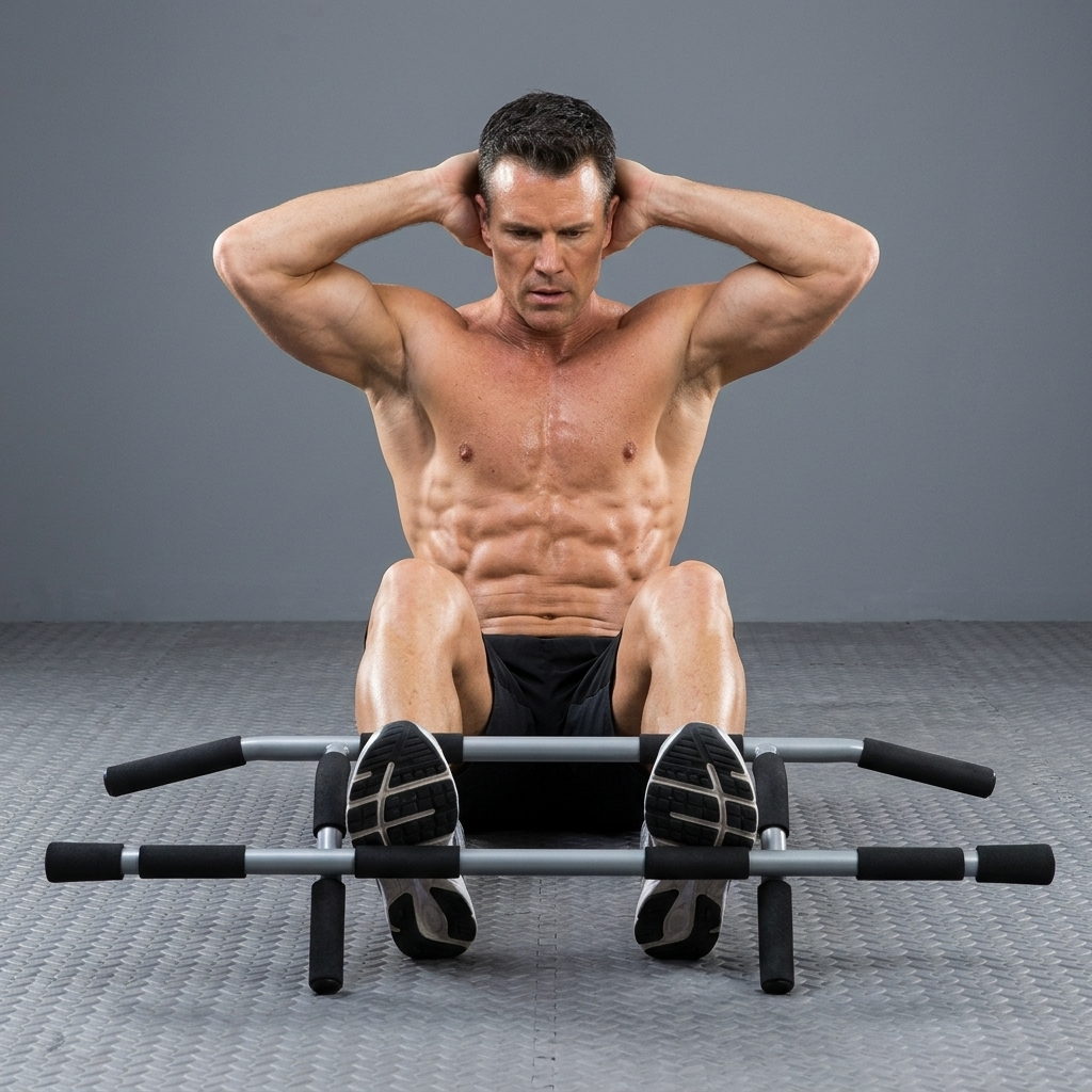 A shirtless man performing a sit-up on a silver and black abdominal exercise machine against a gray studio background.