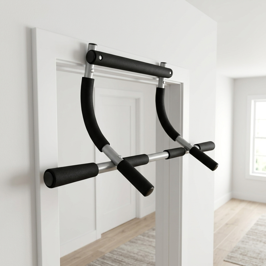 A black and silver door pull-up bar mounted on a white door frame in a bright, modern room with light wood floors.