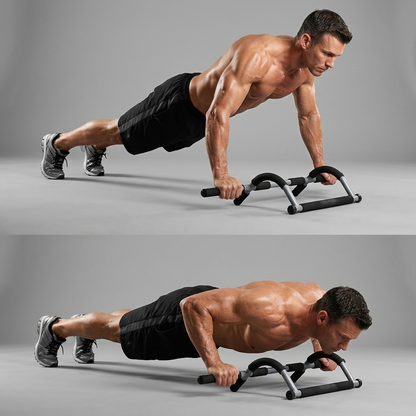A split-screen demonstration of a man performing push-ups using a black and gray adjustable underarm push-up roller on a light gray studio background.