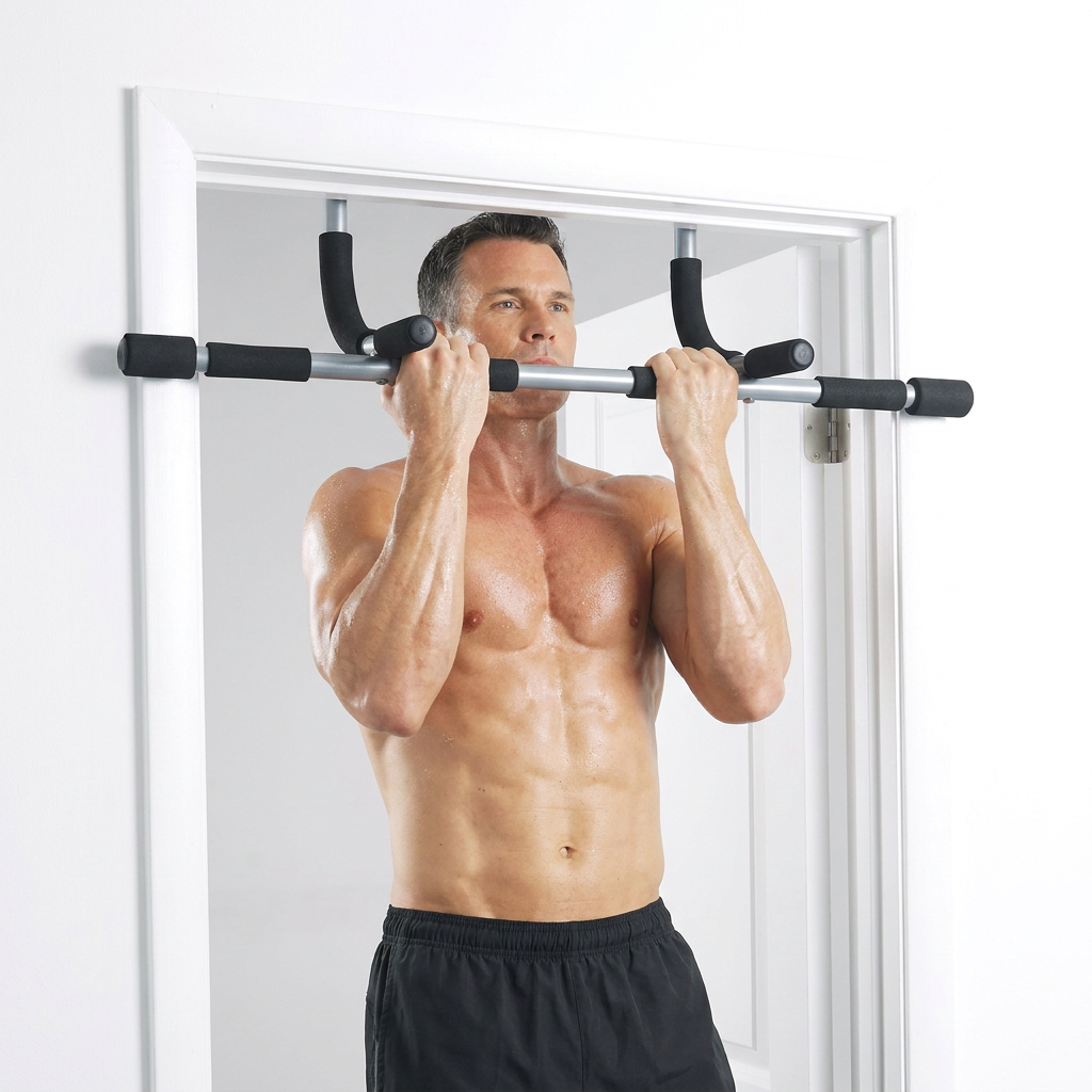 A shirtless man performing a pull-up on a silver and black door-mounted pull-up bar set against a white wall and door frame.