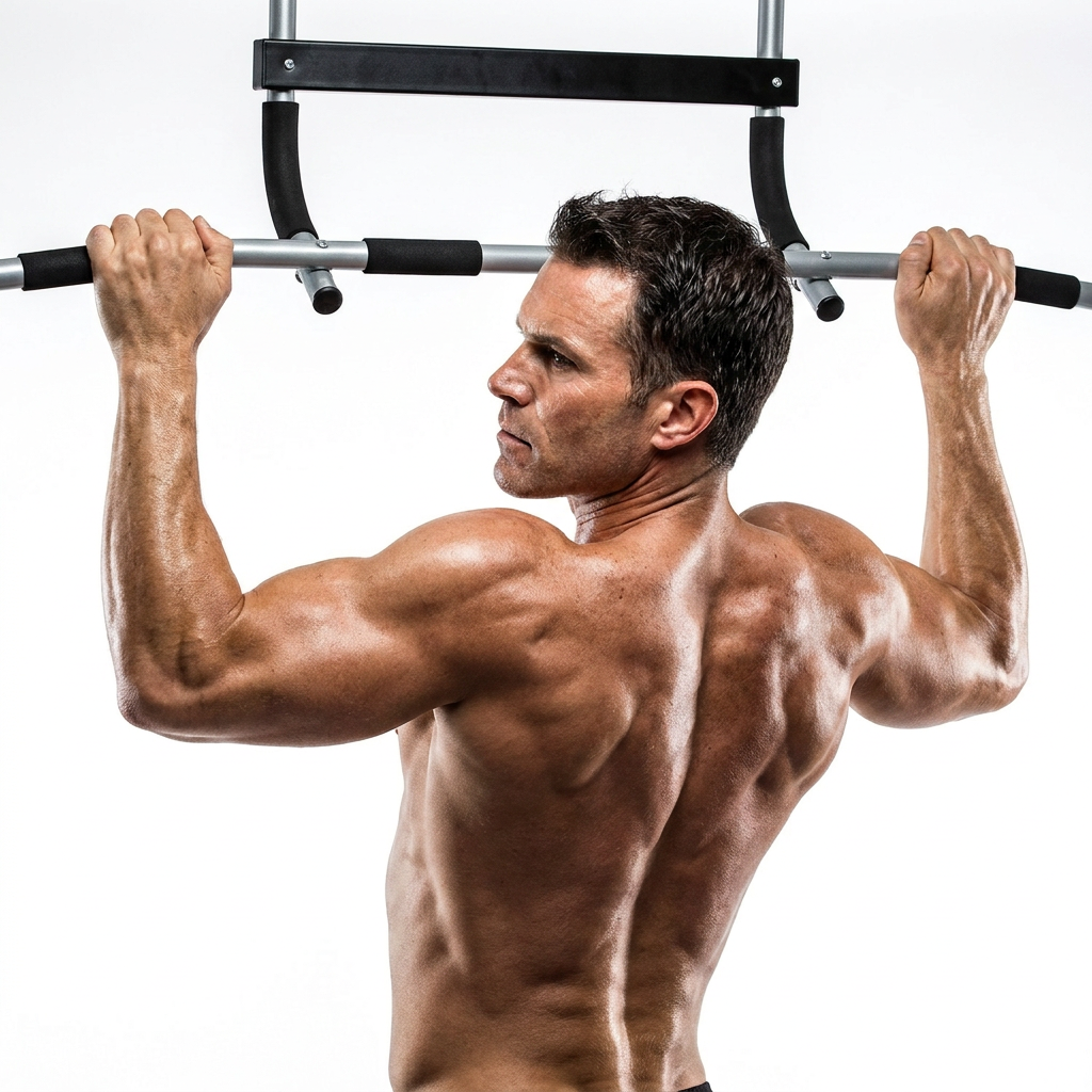 A muscular man performing a pull-up on a silver and black chin-up bar against a solid white background.