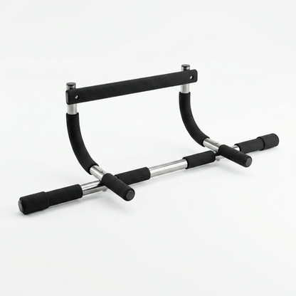 A black and silver pull-up bar frame with foam handles, shown on a clean white background.