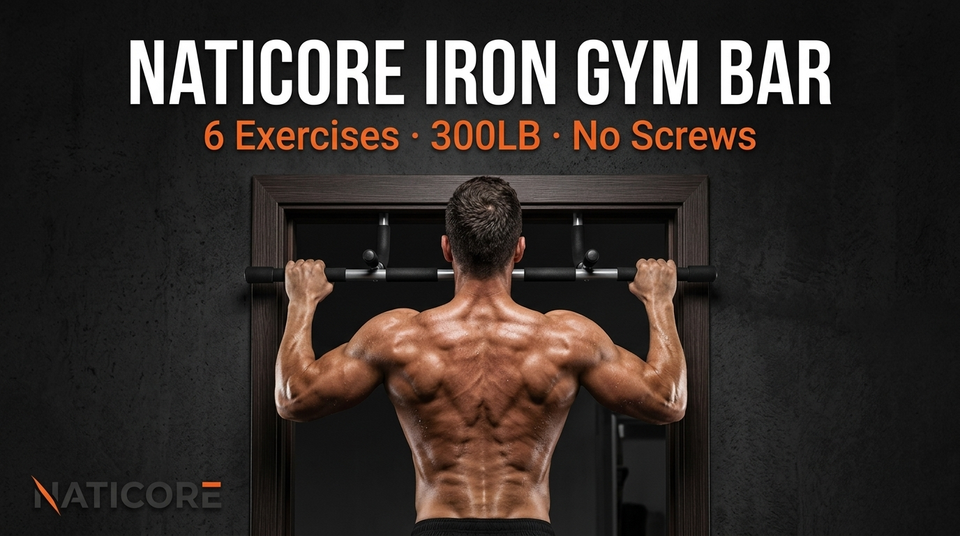 Man doing pull-ups on NATICORE doorway pull up bar showing back muscle engagement