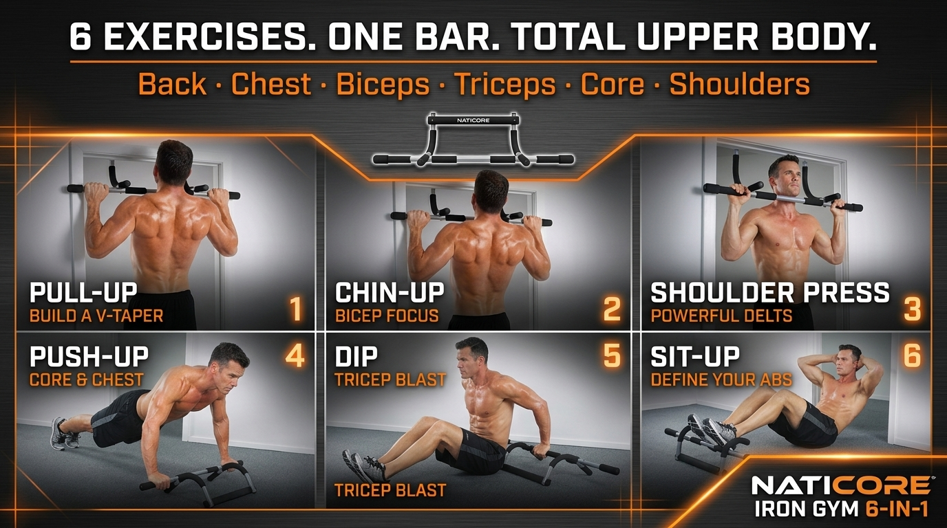 An instructional graphic for the Naticore Iron Gym 6-in-1 upper body exercise machine, showing six exercise positions (pull-up, chin-up, shoulder press, push-up, dip, sit-up) with male model demonstrations and text labels on a dark background.
