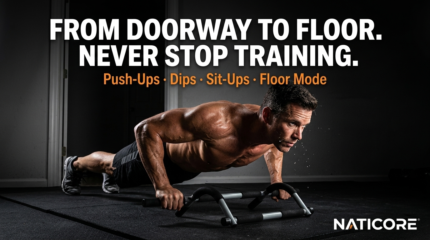 A muscular man performing a push-up on a Naticore dual-bar exercise platform in a dark gym setting. Large white and orange text at the top reads 'FROM DOORWAY TO FLOOR.