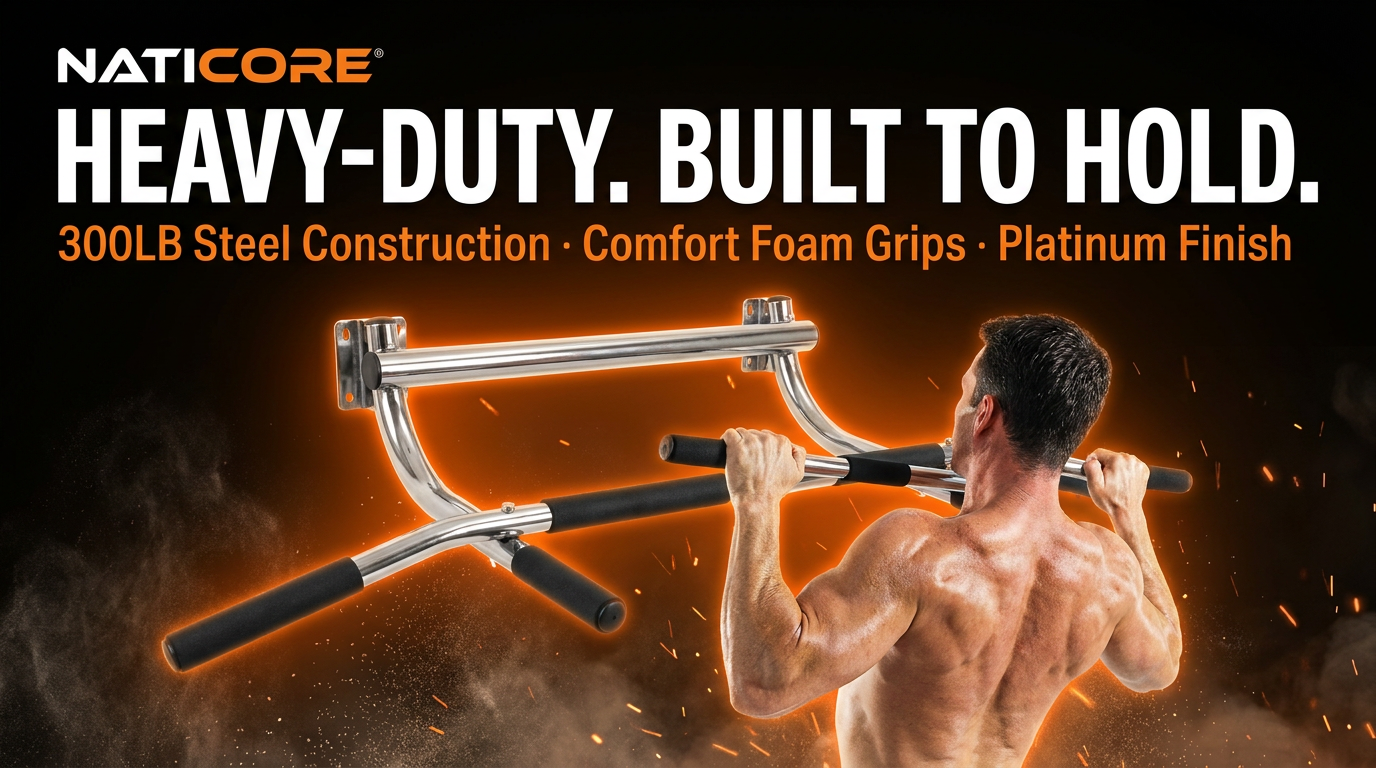 NATI CORE heavy-duty pull-up bar in black and silver with orange foam grips, shown with a shirtless male model demonstrating use against a dark background with fiery orange highlights.