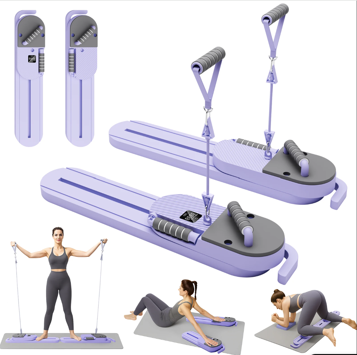 Purple exercise equipment set with resistance bands and handles, featuring a woman using the equipment.
