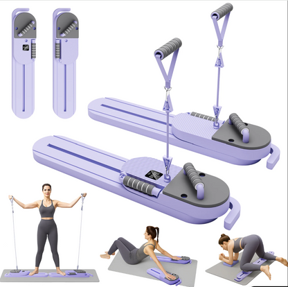 Purple exercise equipment set with resistance bands and handles, featuring a woman using the equipment.