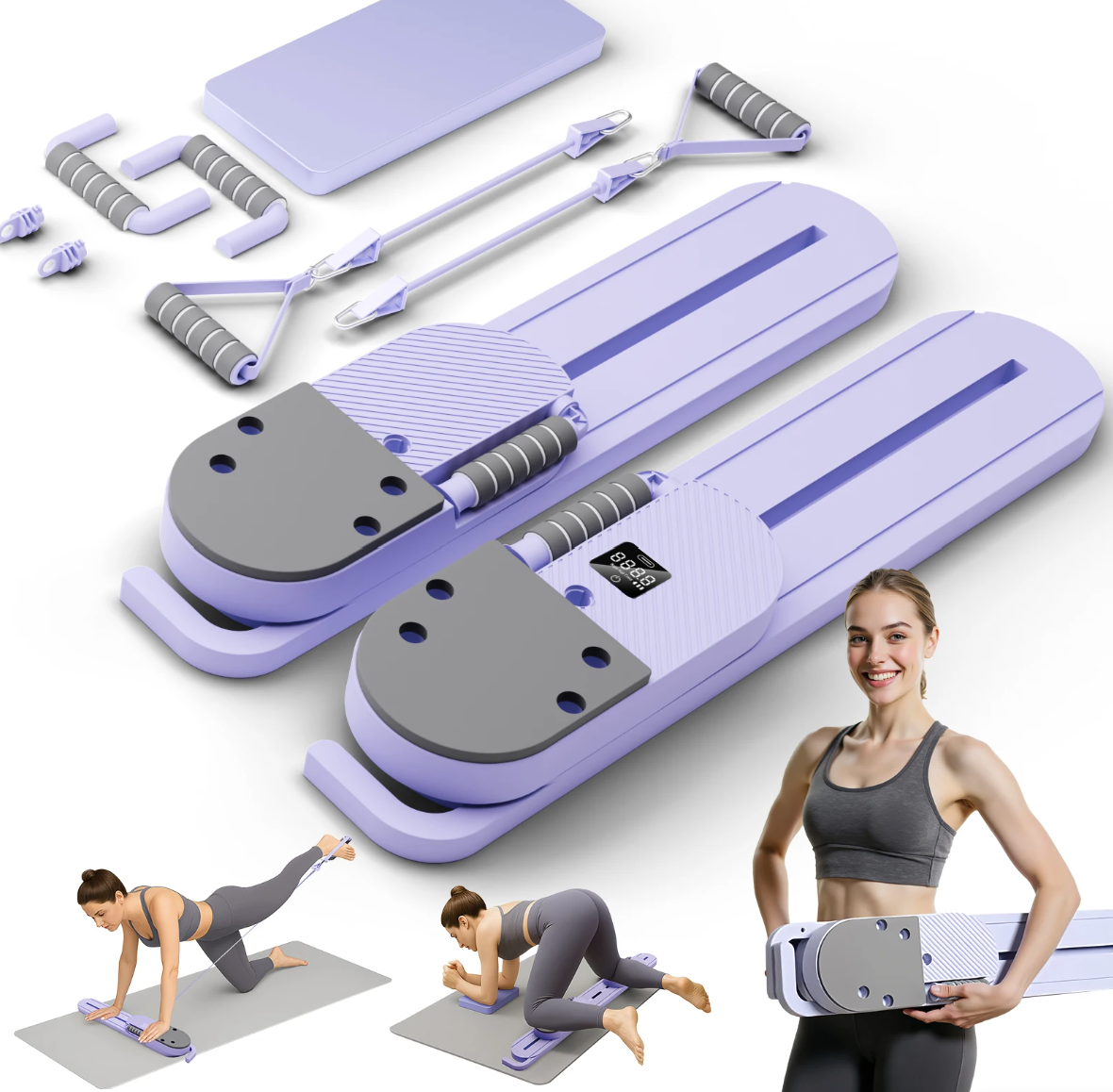 Purple and gray exercise equipment set with a woman using it on a white background