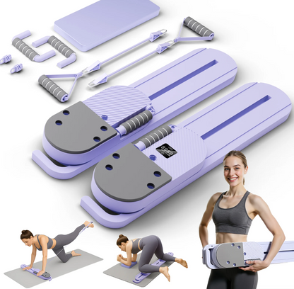 Purple and gray exercise equipment set with a woman using it on a white background