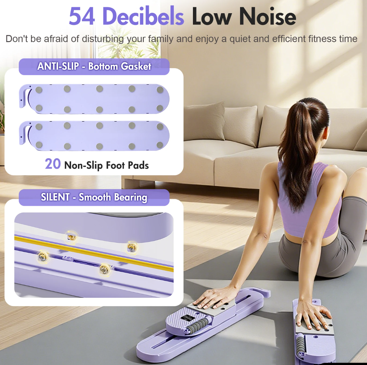 Woman using a purple exercise device on a mat with text highlighting features like anti-slip bottom gasket and silent smooth bearing.