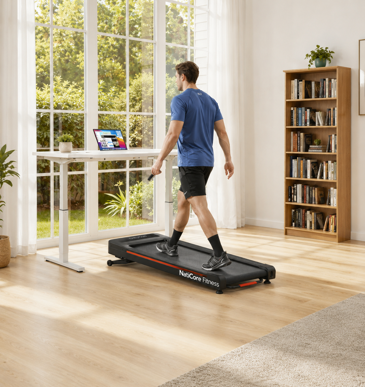 Person using a treadmill in a bright room with large windows and a bookshelf.
