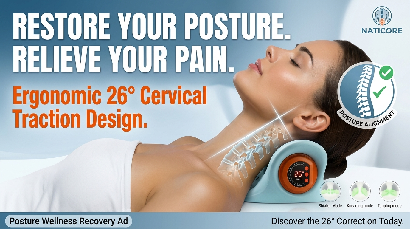 Advertisement for a posture wellness recovery device with text 'Restore your posture. Relieve your pain.'