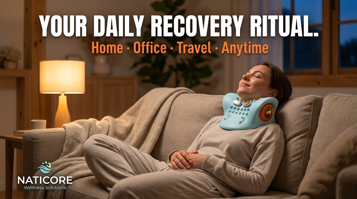Woman relaxing on a couch with a blue device, surrounded by a cozy home setting.