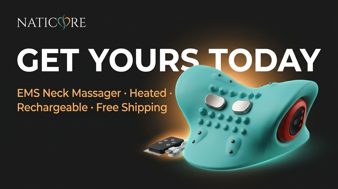 Teal neck massager with text promoting Naticore EMS neck massager on a dark background