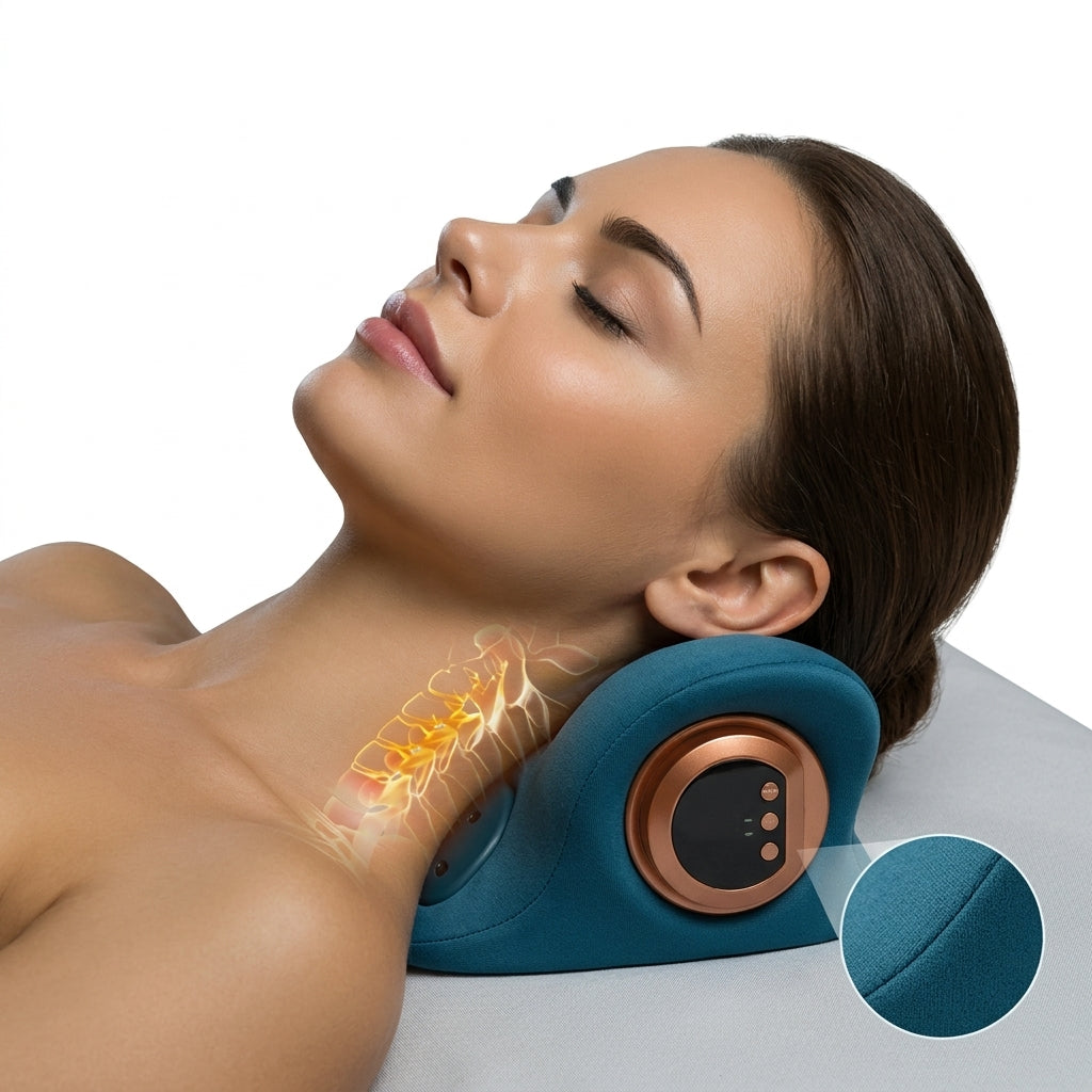 Woman using a neck massager with a close-up of the device on a white background