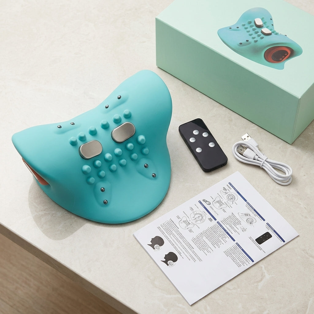Turquoise electronic device with remote control, USB cable, and user manual on a light surface.