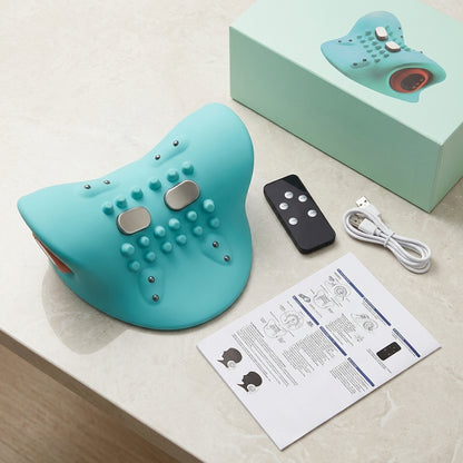 Turquoise electronic device with remote control, USB cable, and user manual on a light surface.