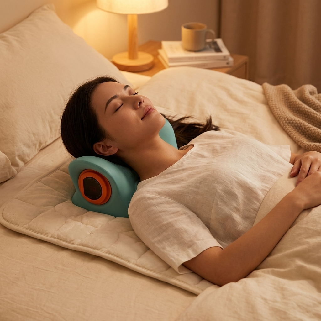 Woman lying in bed using a neck pillow with a warm, cozy bedroom setting.