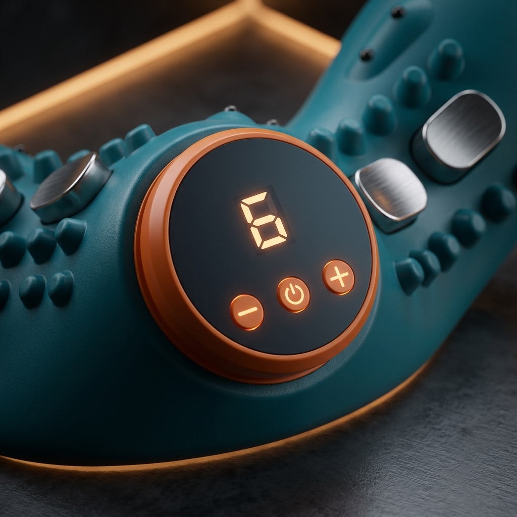 Teal electronic device with digital display and control buttons on a dark surface