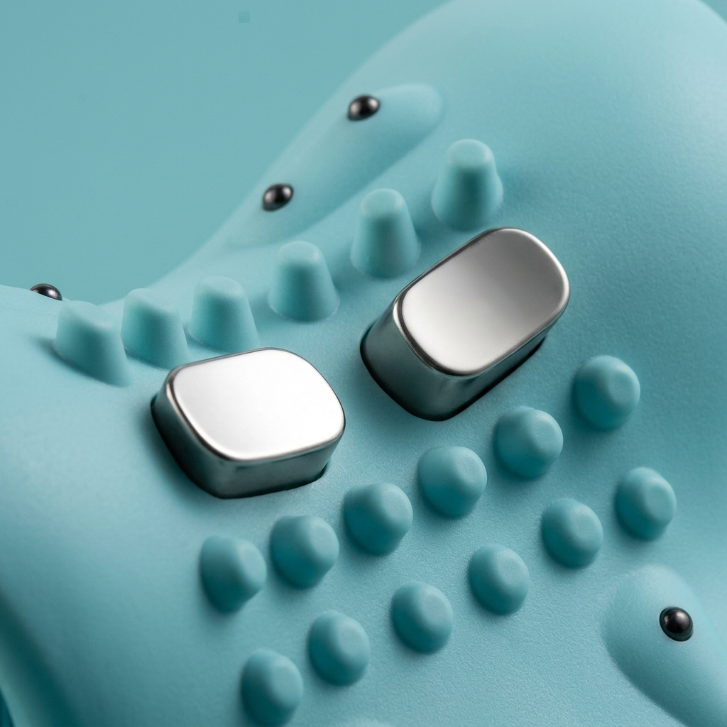 Two metallic buttons on a textured blue surface