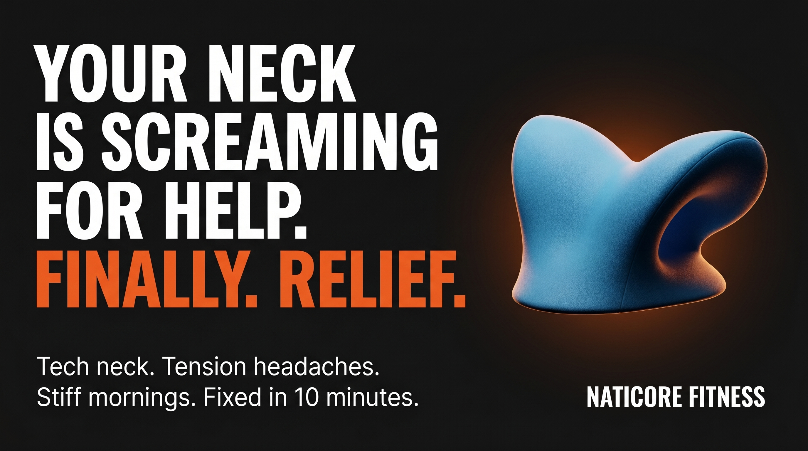 Blue neck pillow with text about neck relief on a black background