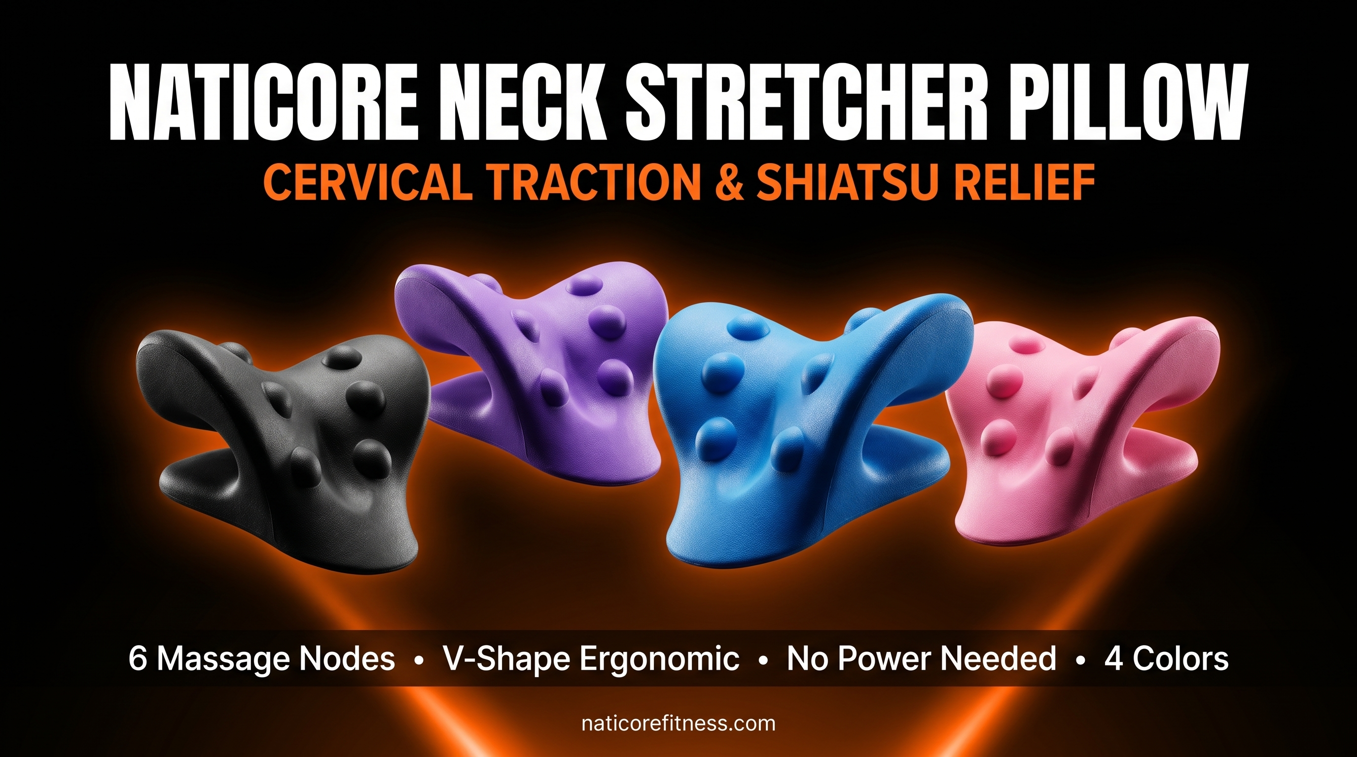 Naticore neck stretcher pillow with four colorful options on a dark background