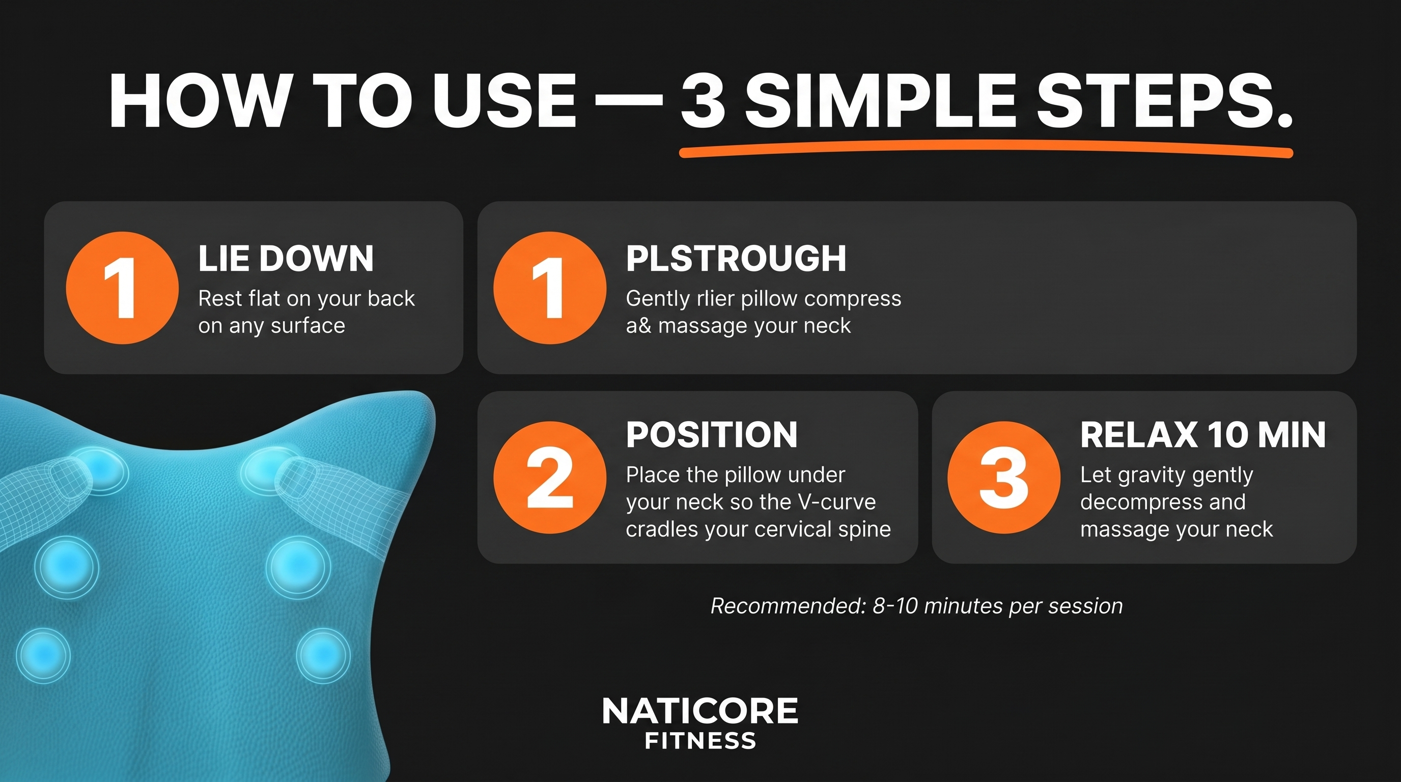 Instructions on how to use a neck pillow with Naticore Fitness branding.