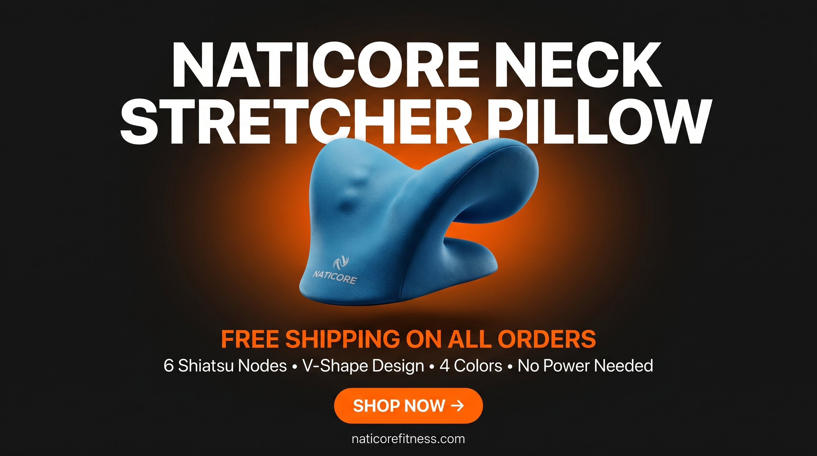 Naticore neck stretcher pillow with promotional text on a dark background