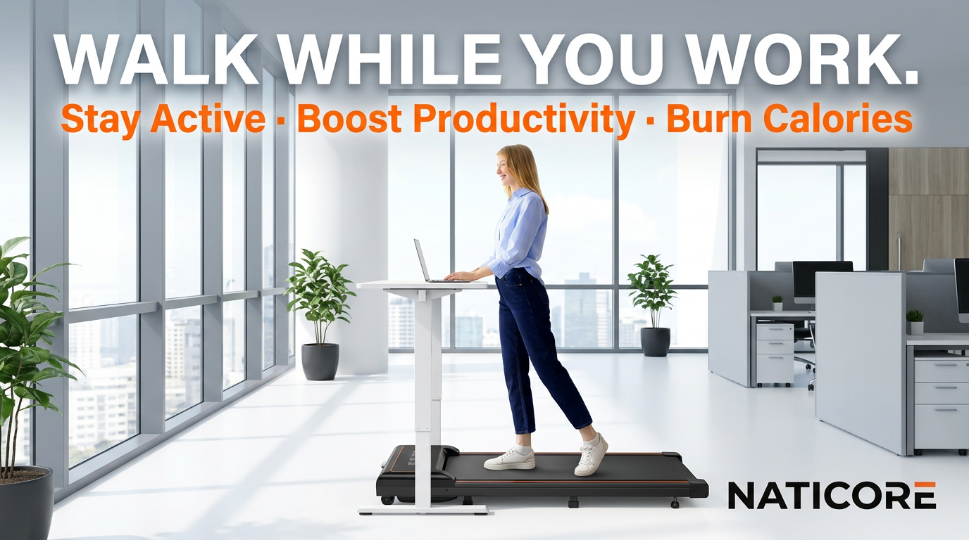 Woman walking on NATICORE under-desk walking pad while working on laptop at standing desk