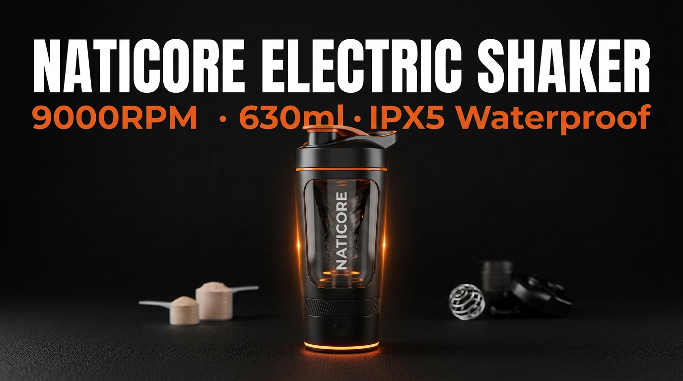 Naticore electric shaker bottle in black and orange, shown with its lid off and small accessories on a dark background, with large text reading 'NATICORE ELECTRIC SHAKER 9000RPM • 630ml • IPX5 Waterproof'.