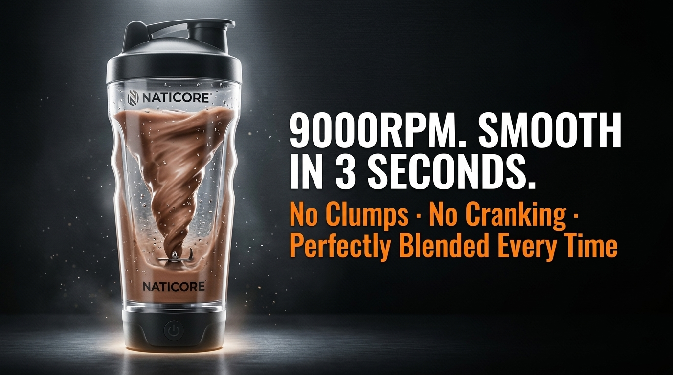 A Naticore high-speed blender tumbler with a black lid and clear body, showing a swirling chocolate drink inside. The image features promotional text on a dark background.