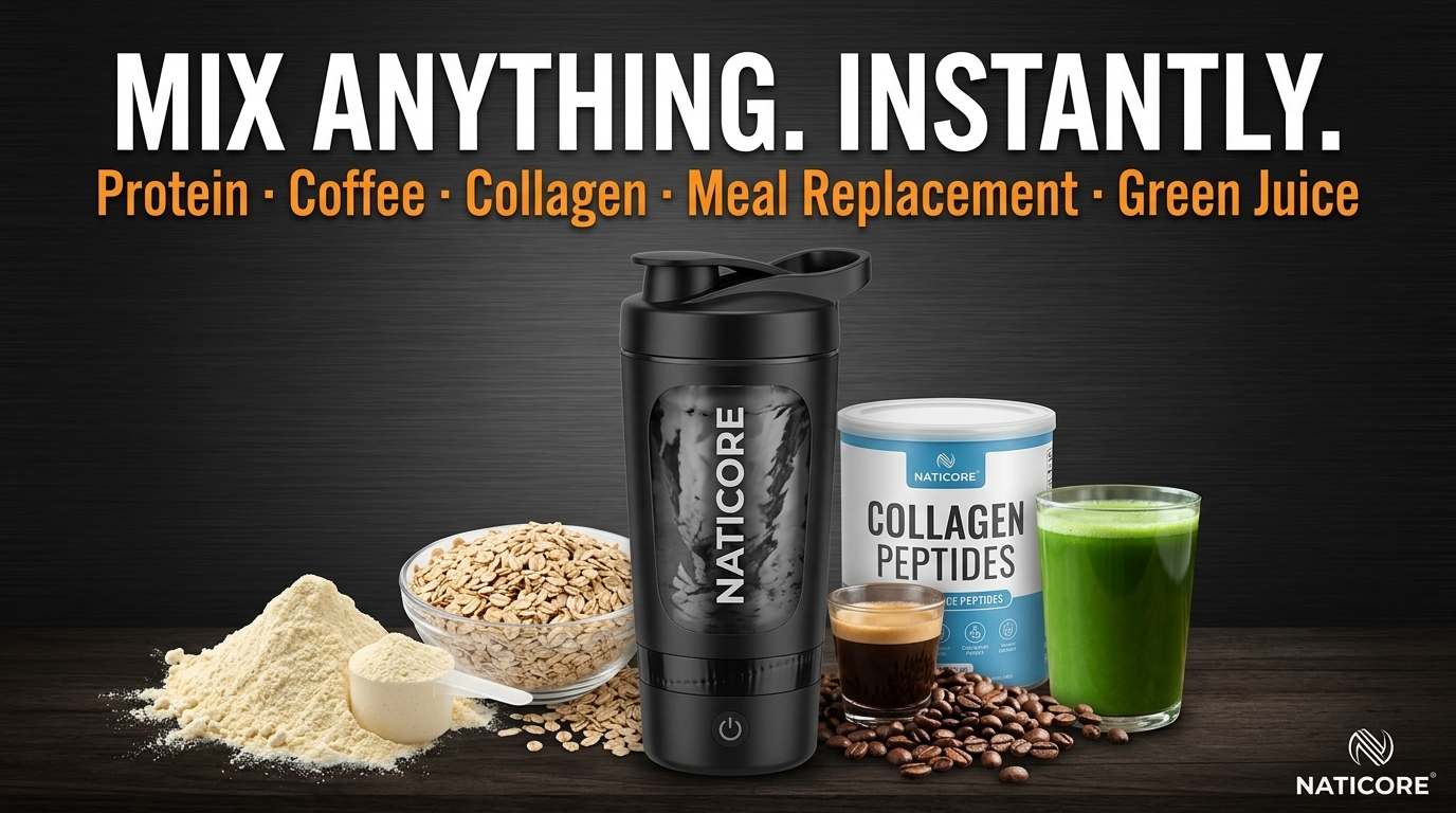 Naticore shaker bottle in black shown with various supplement ingredients and drinks, including a protein powder pile, oats, coffee, collagen peptides canister, and a green juice glass, on a dark background with promotional text.