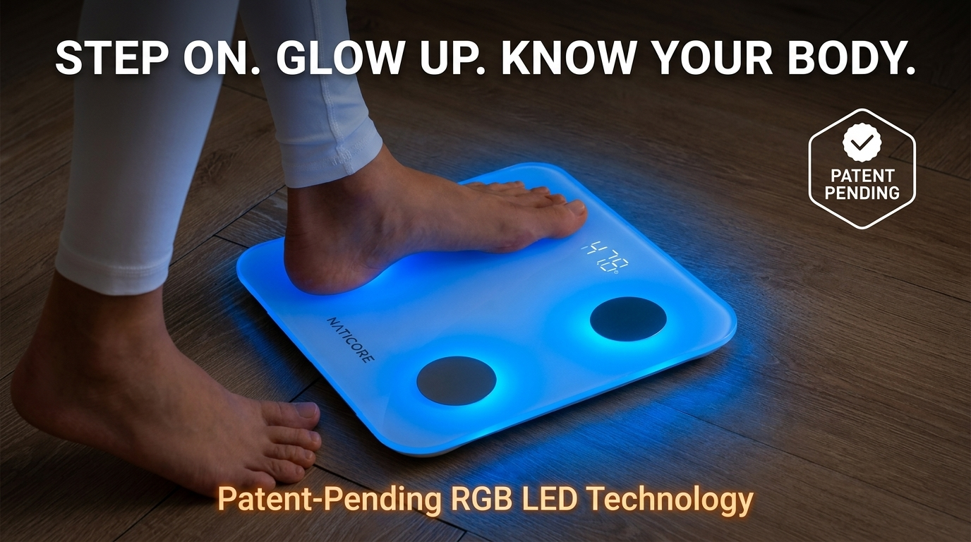 A person's bare feet standing on a glowing blue rectangular personal scale on a wooden floor, with text reading 'STEP ON. GLOW UP.