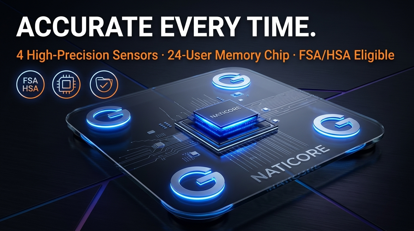 Promotional graphic for a Naticore memory chip with glowing blue circular accents and a central processor module, set on a dark background with marketing text reading 'ACCURATE EVERY TIME.' and feature callouts for 4 high-precision sensors, 24-user memory chip, and FSA/HSA eligibility.
