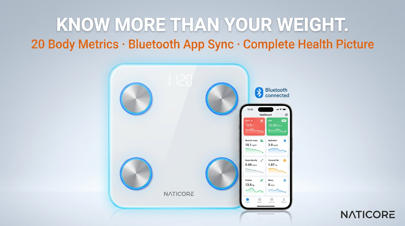 Naticore Bluetooth body scale shown with a smartphone displaying connected app metrics on a light blue gradient background. Text at the top reads 'KNOW MORE THAN YOUR WEIGHT.