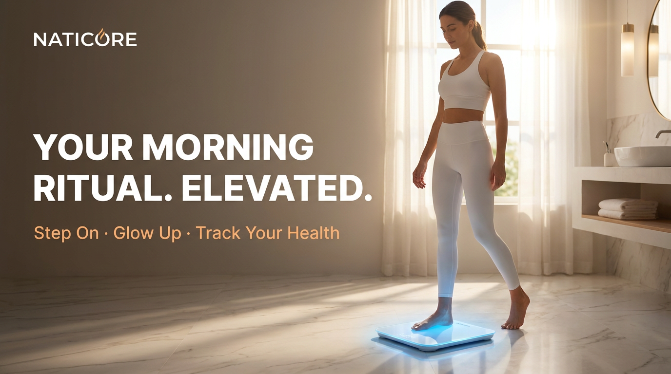A woman in white activewear stands barefoot on a glowing blue Naticore step platform in a bright bathroom, with text on the left reading 'YOUR MORNING RITUAL. ELEVATED.