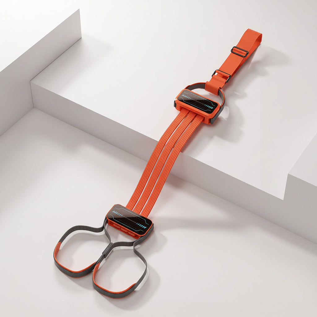 Orange resistance band with black handles on a white background