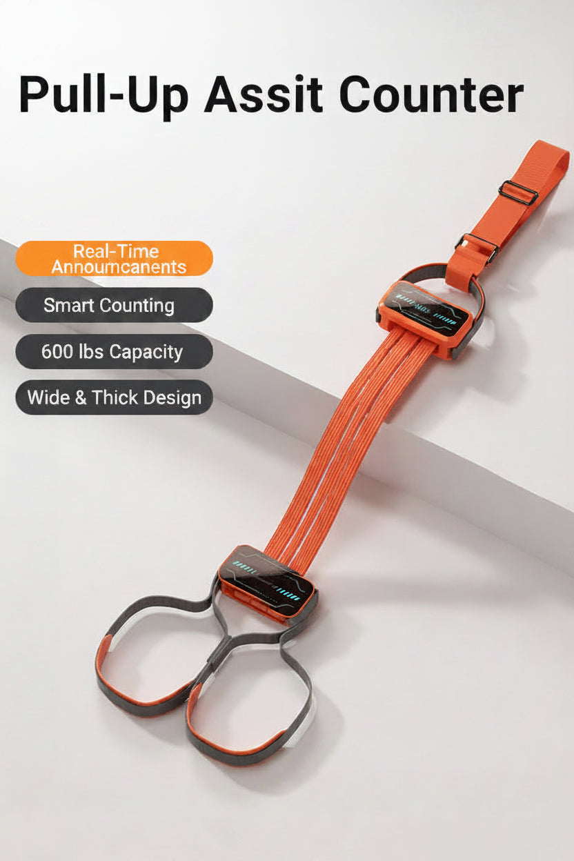 Orange resistance band with digital display on a white background