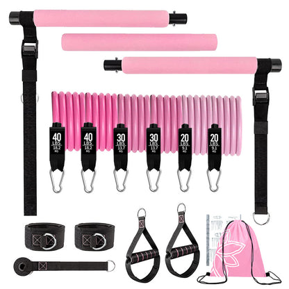 Pink resistance band set with accessories on a white background