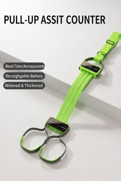 Green resistance band with digital display on a white background