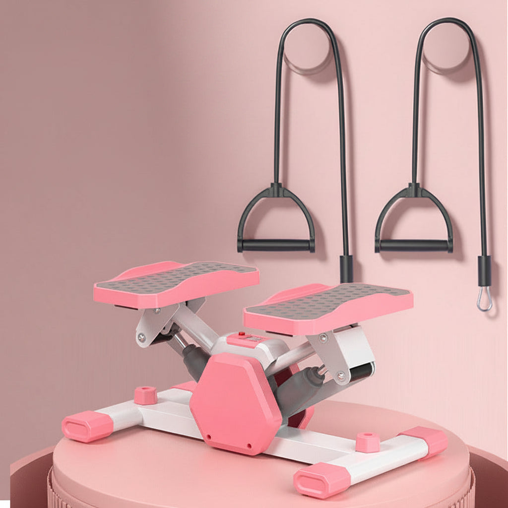 Pink and gray exercise stepper with resistance bands on a pink background