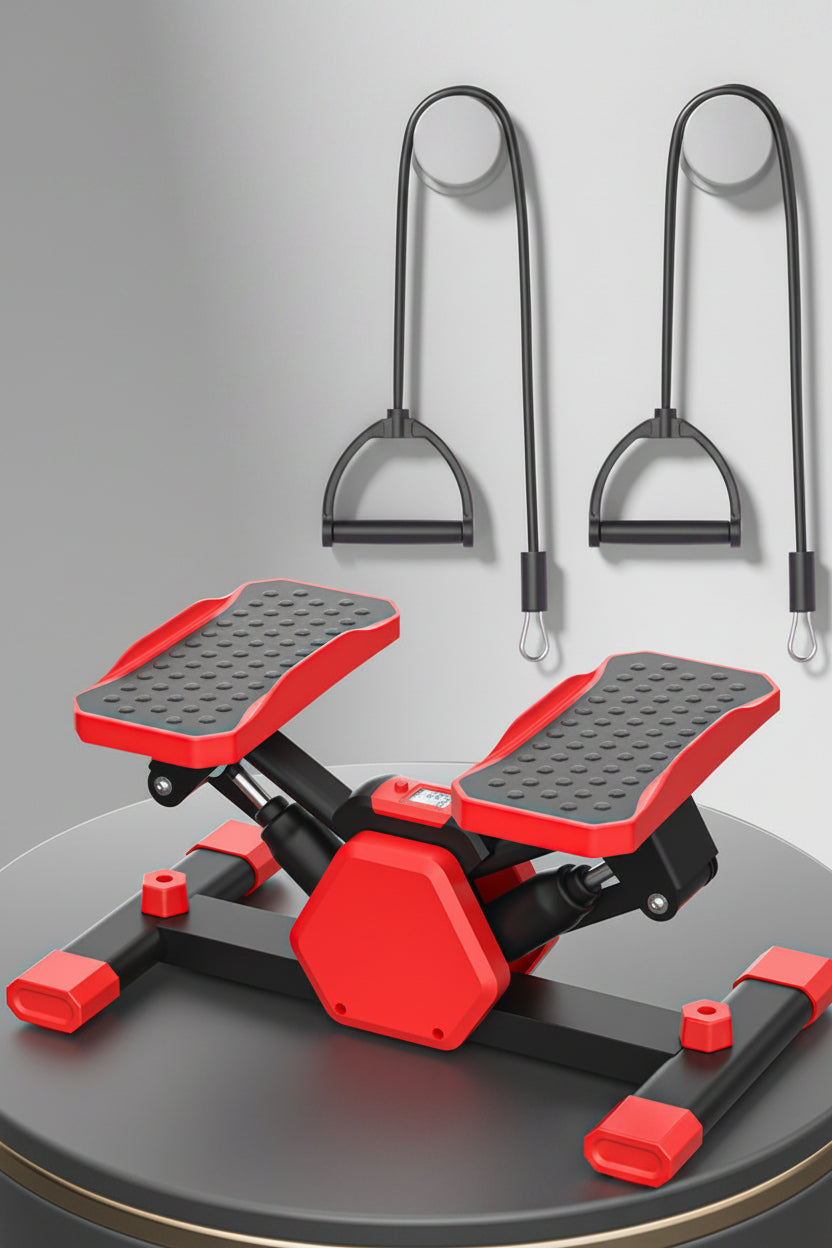Red and black exercise stepper with handles on a gray background