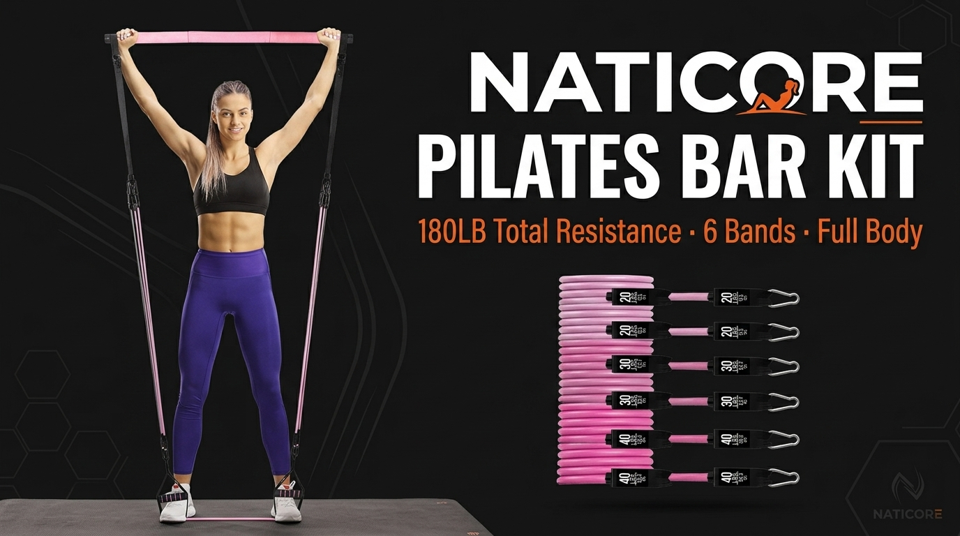 Woman using a Pilates bar kit with Naticore branding on a black background