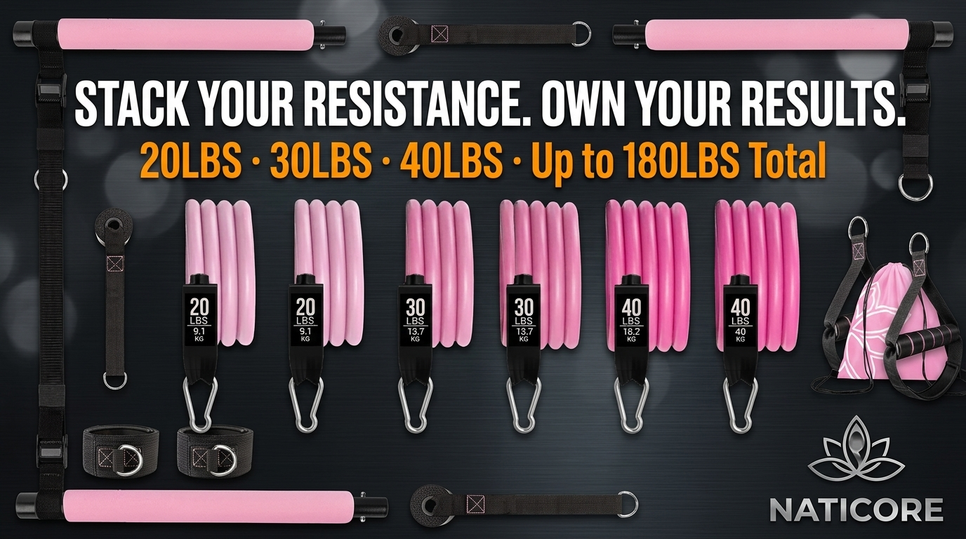 Pink resistance bands with weight labels on a black background, featuring Naticore branding.