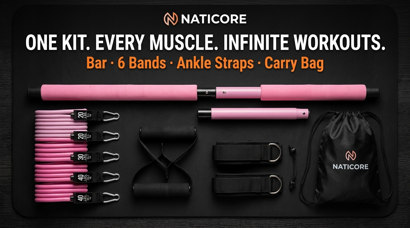 Naticore fitness kit with pink bar, bands, and straps on a black background
