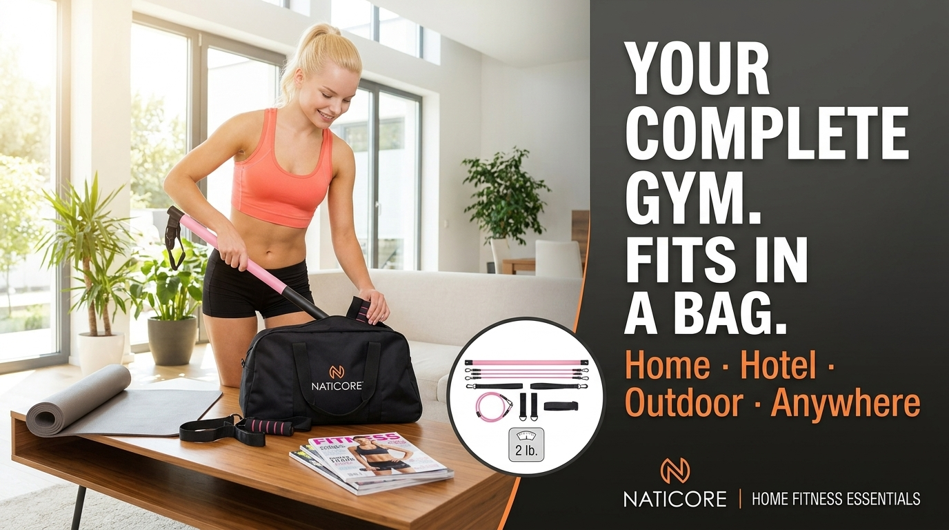 Woman packing gym essentials into a Naticore bag in a home setting with promotional text.